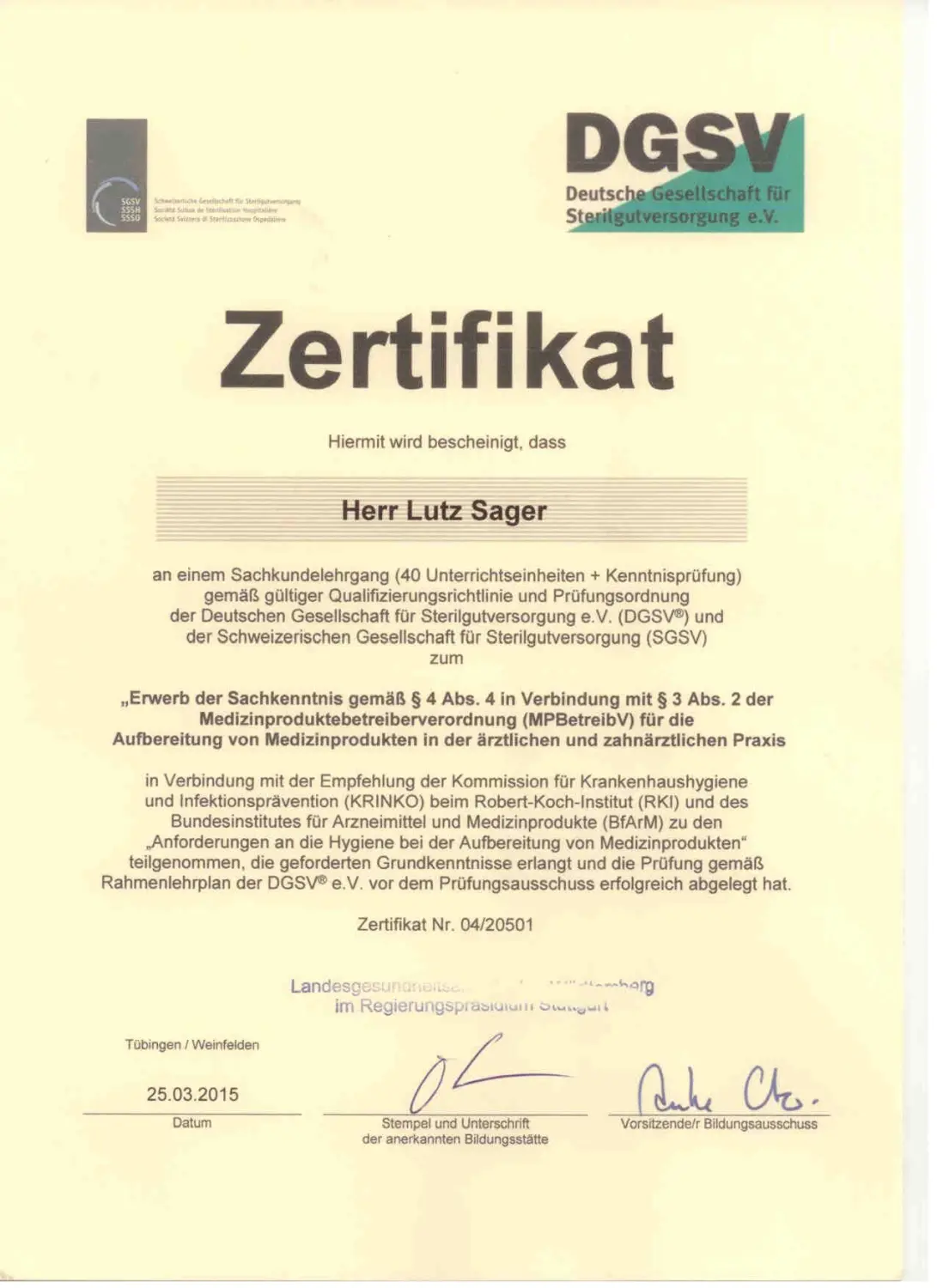 MediDes – Medizinische Desinfektion – Zertifikat