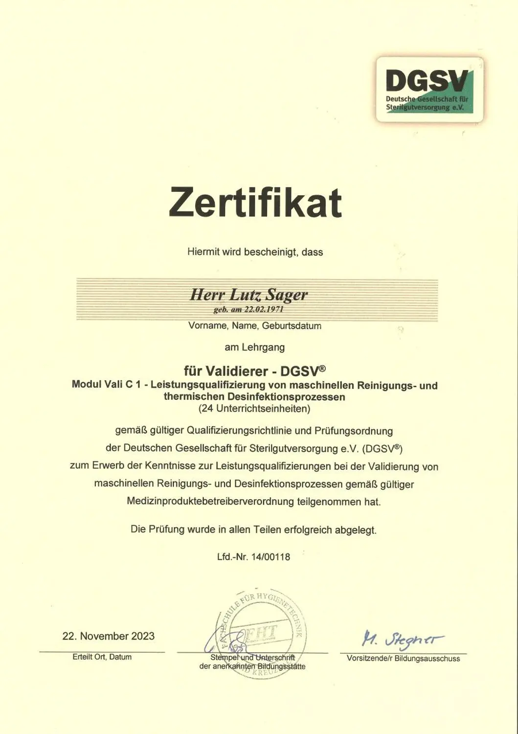 MediDes – Medizinische Desinfektion – Zertifikat