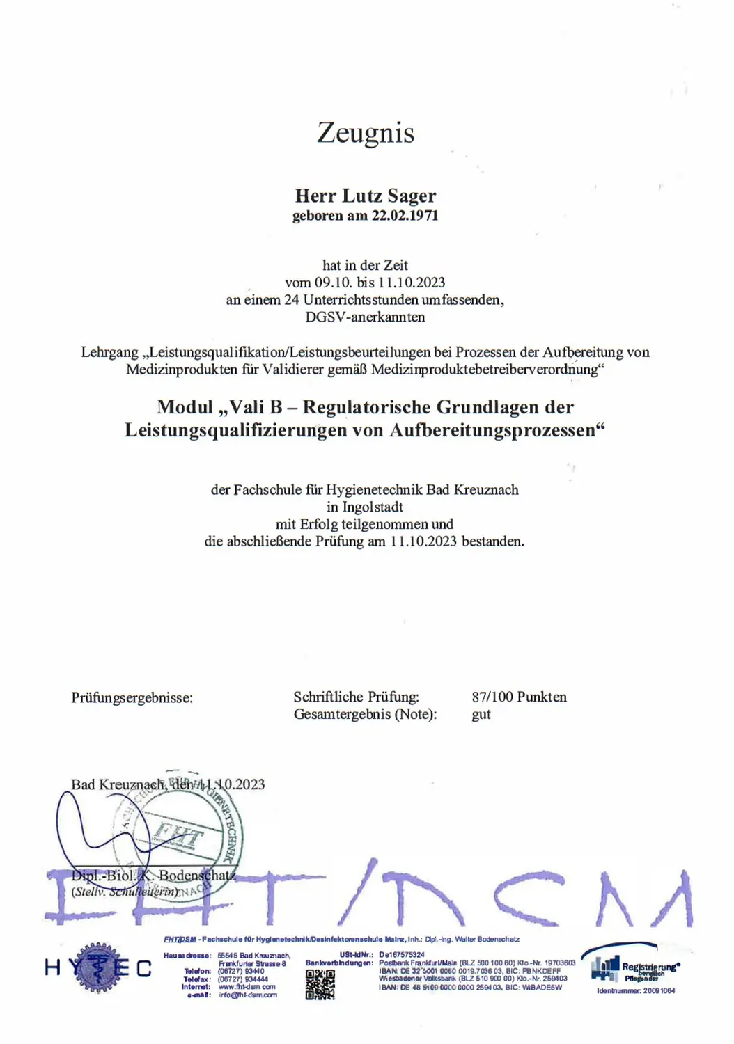 MediDes – Medizinische Desinfektion – Zertifikat