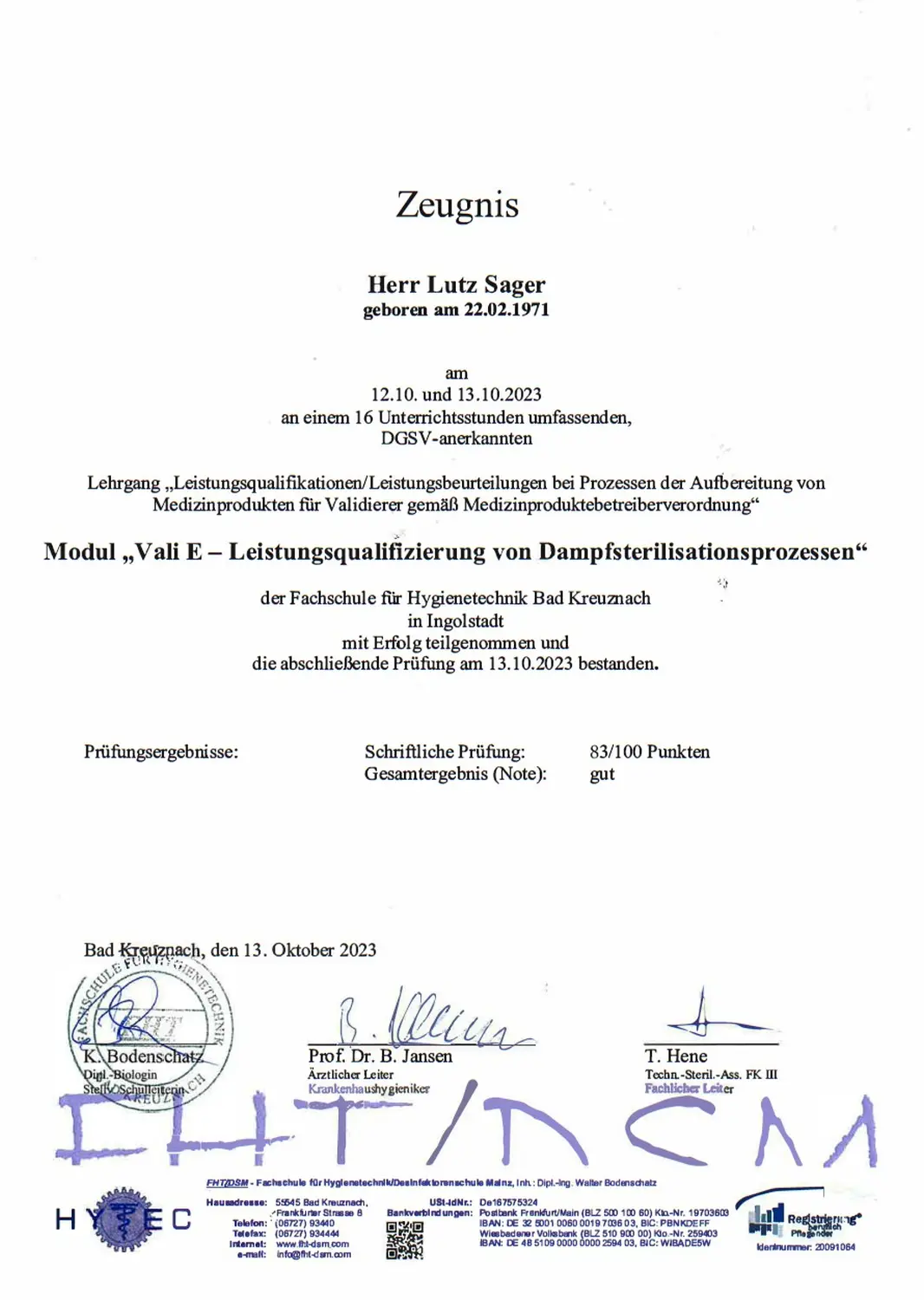 MediDes – Medizinische Desinfektion – Zertifikat