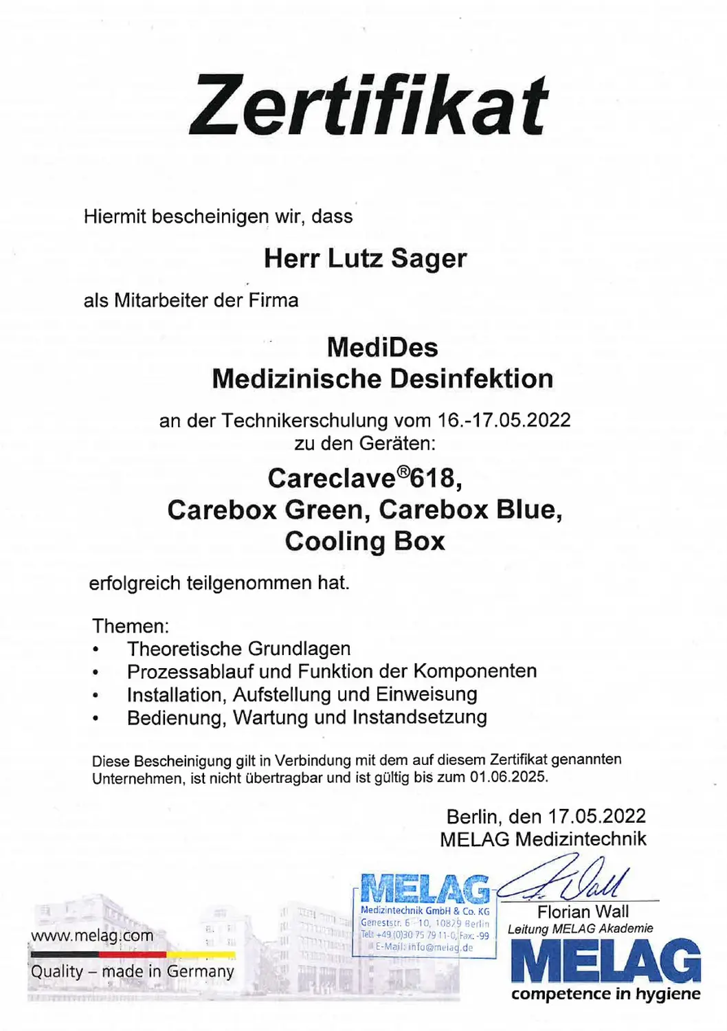 MediDes – Medizinische Desinfektion – Zertifikat