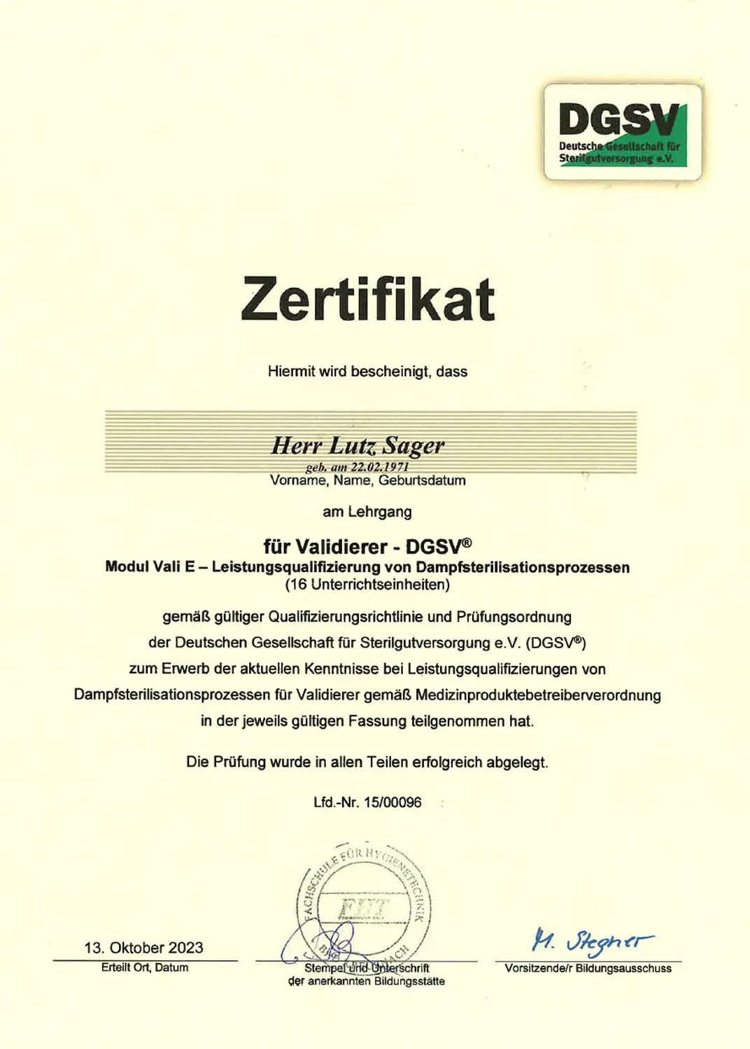 MediDes – Medizinische Desinfektion – Zertifikat