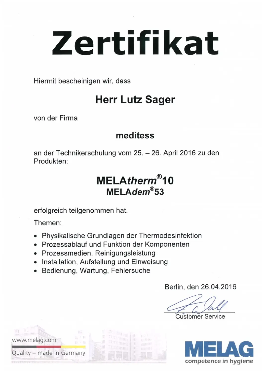 MediDes – Medizinische Desinfektion – Zertifikat